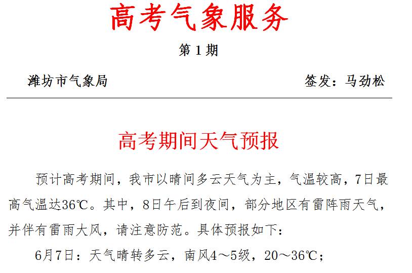 潍坊发布高考期间天气预报 最高气温36℃